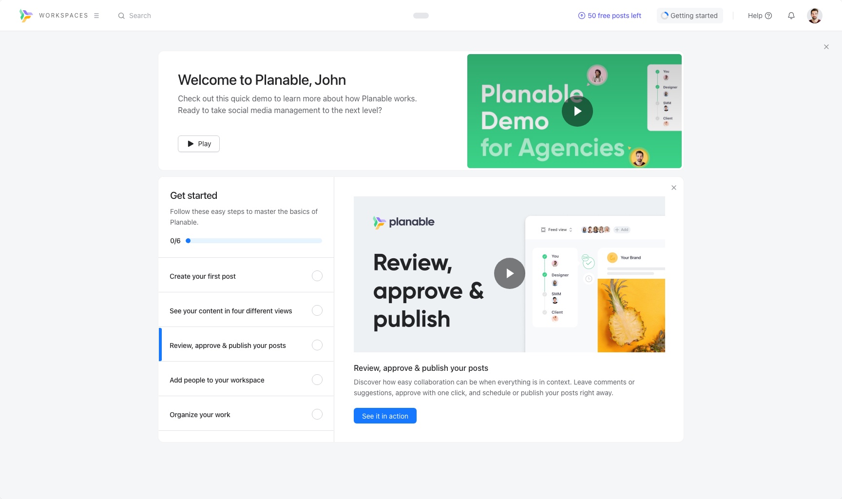 The welcome screen with the third task open: Review, approve and publish your posts, with a video tile that reads Review, approve and publish.