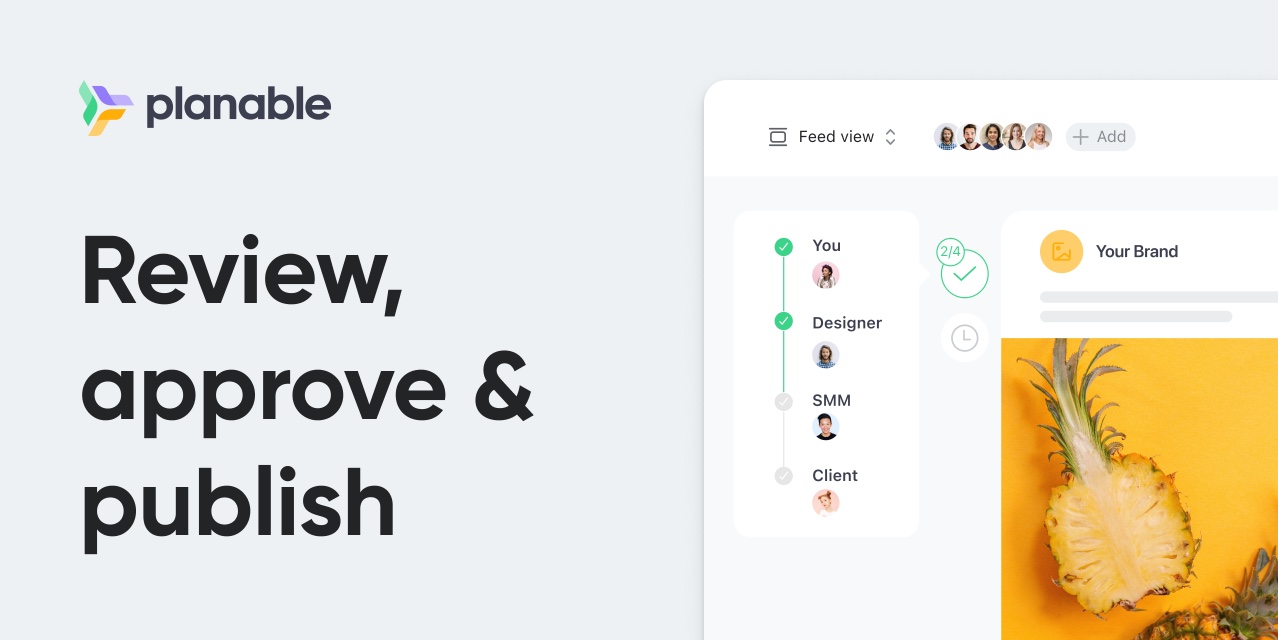 A video tile that reads Review, approve and publish.