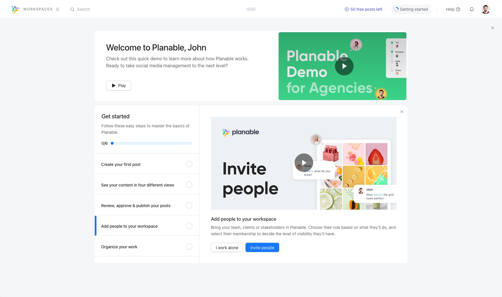 The welcome screen with the fourth task open: Add people to your workspace, with a video tile that reads Invite people.