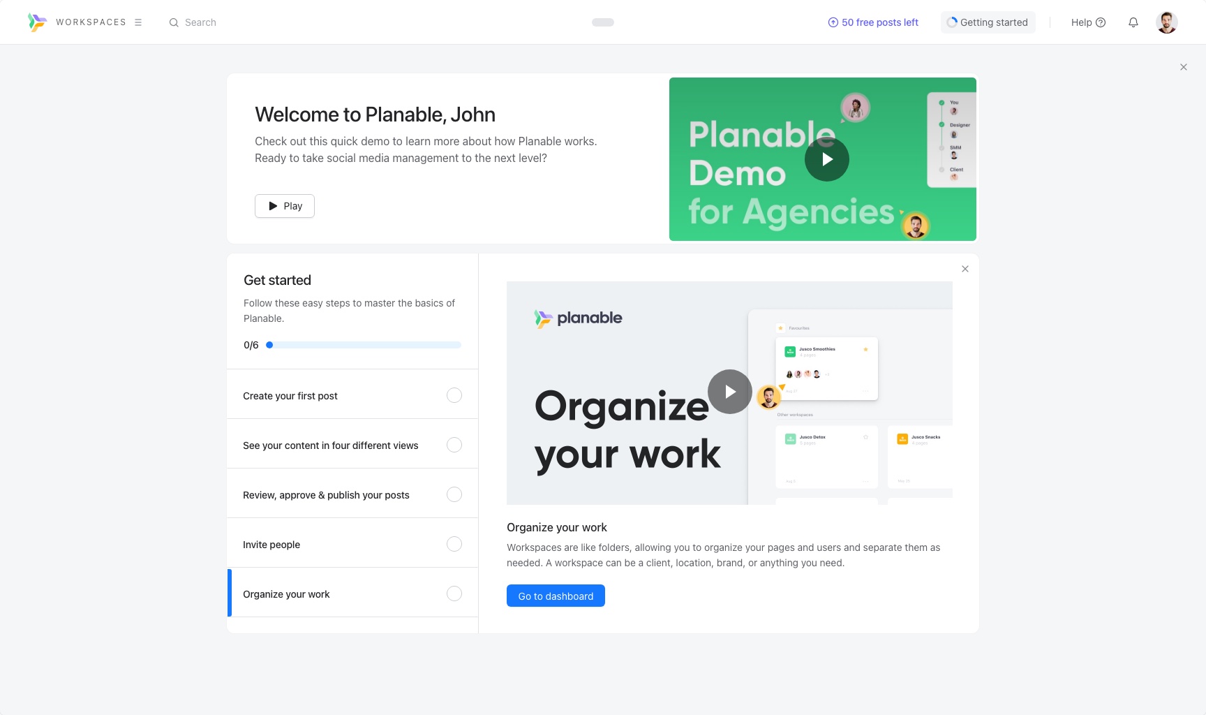 The welcome screen with the fifth task open: Organize your work, with a video tile that reads Organize your work.