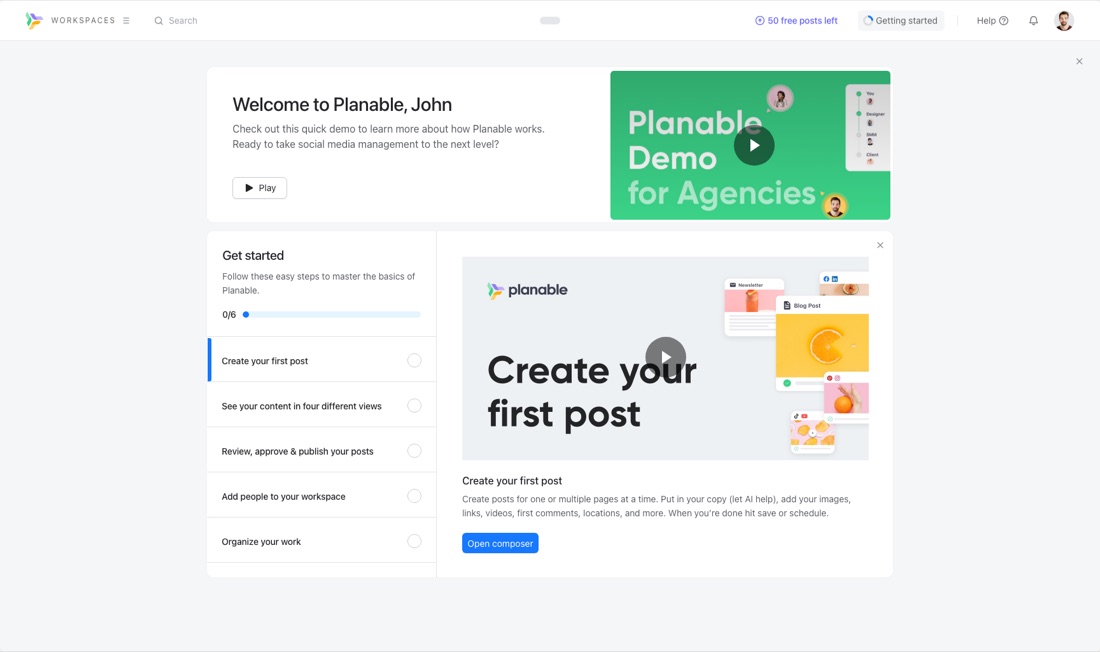 The old welcome screen: a welcome card with the demo video above a large checklist of five tasks, with a video tile for the first one.